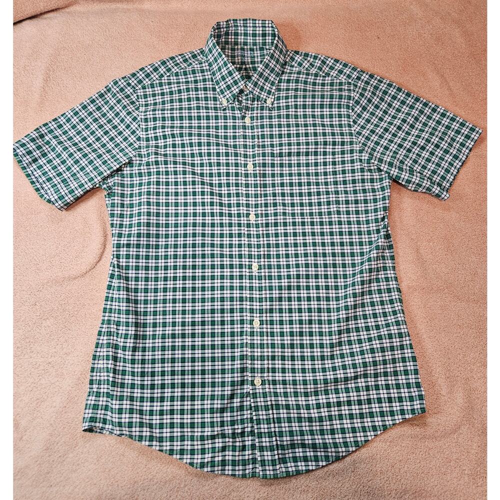 Brooks Brothers Men's M Short Sleeve Performance Button Down Shirt Green Check